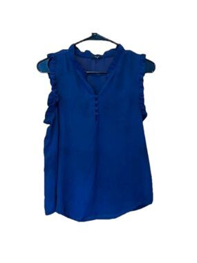 Iris Navy Blue Sleeveless Ruffle V-Neck Button Polyester Blouse Size Small
